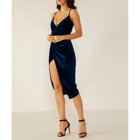 Blue Plunge Wrap Side Split Velvet Midi Dress - Picture 3 of 5
